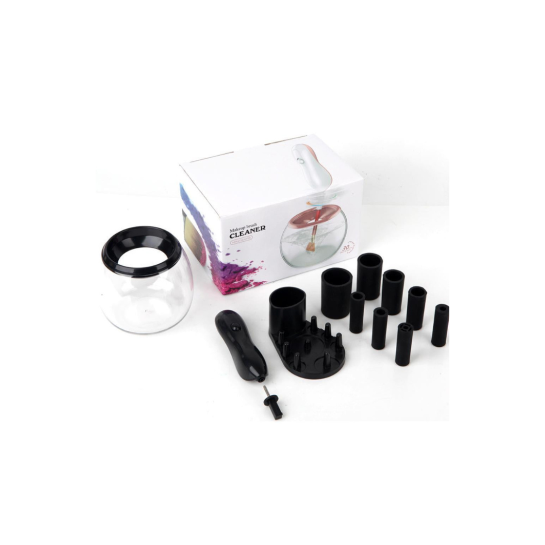 Set of black cleaning tools with a box labeled 'Cleaner' on a white background