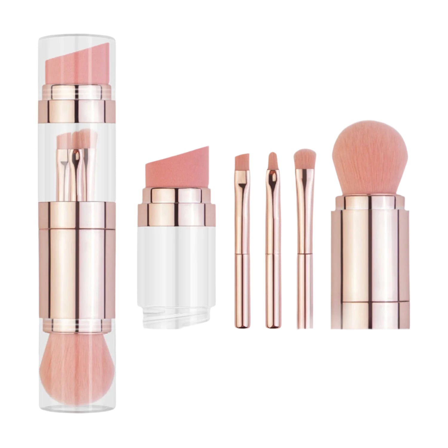 Makeup set with pink lip balm, brushes, and a brush holder on a white background