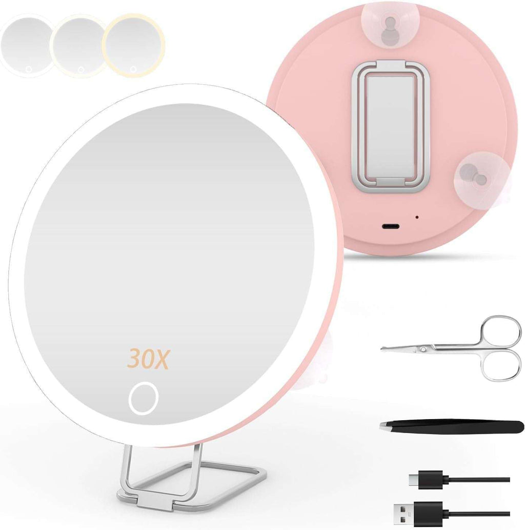 USB rechargeable LED makeup mirror with rotating stand, tweezers, and scissors