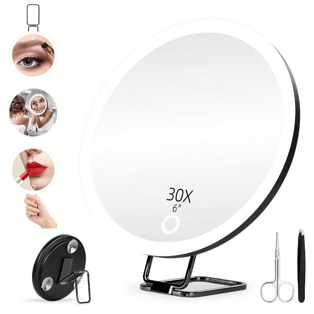 USB rechargeable LED makeup mirror with rotating stand, tweezers, and scissors