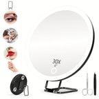 USB rechargeable LED makeup mirror with rotating stand, tweezers, and scissors