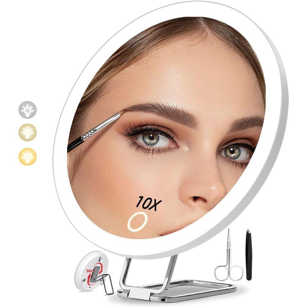 USB rechargeable LED makeup mirror with rotating stand, tweezers, and scissors