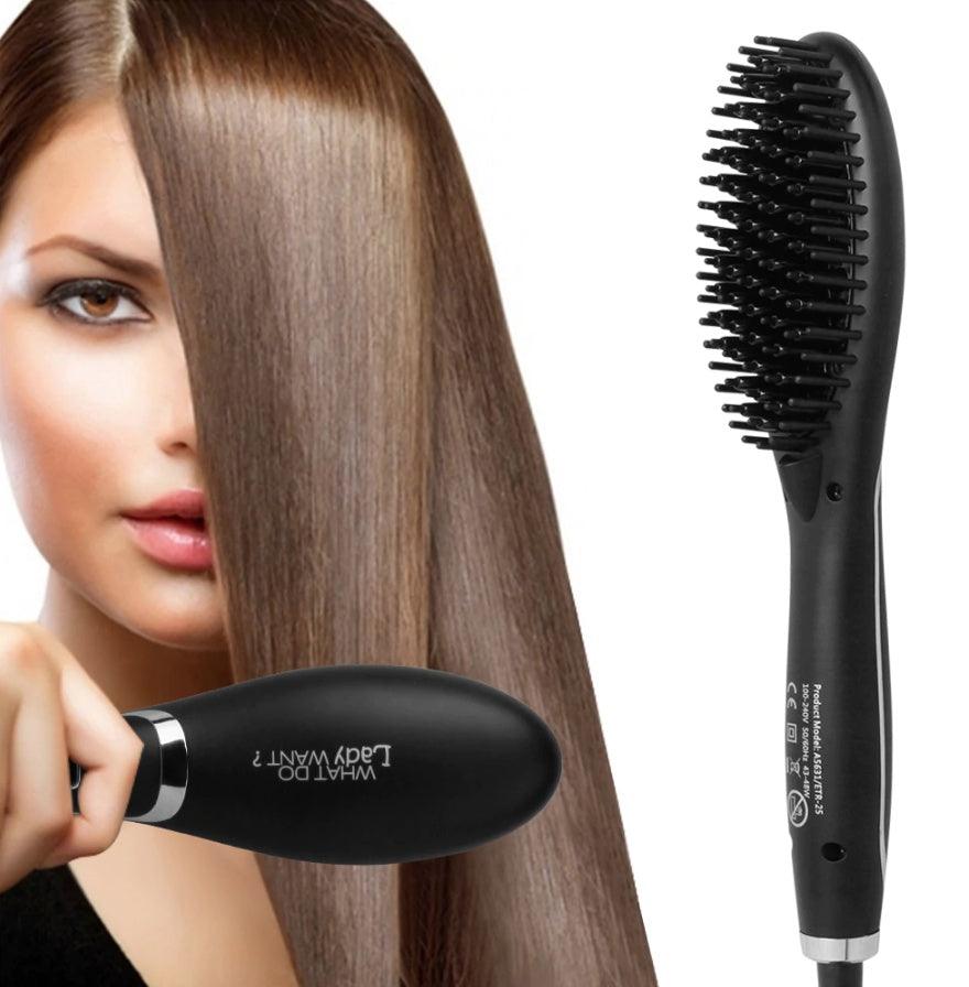 Ceramic hair straightening brush with anti-frizz and detangling features