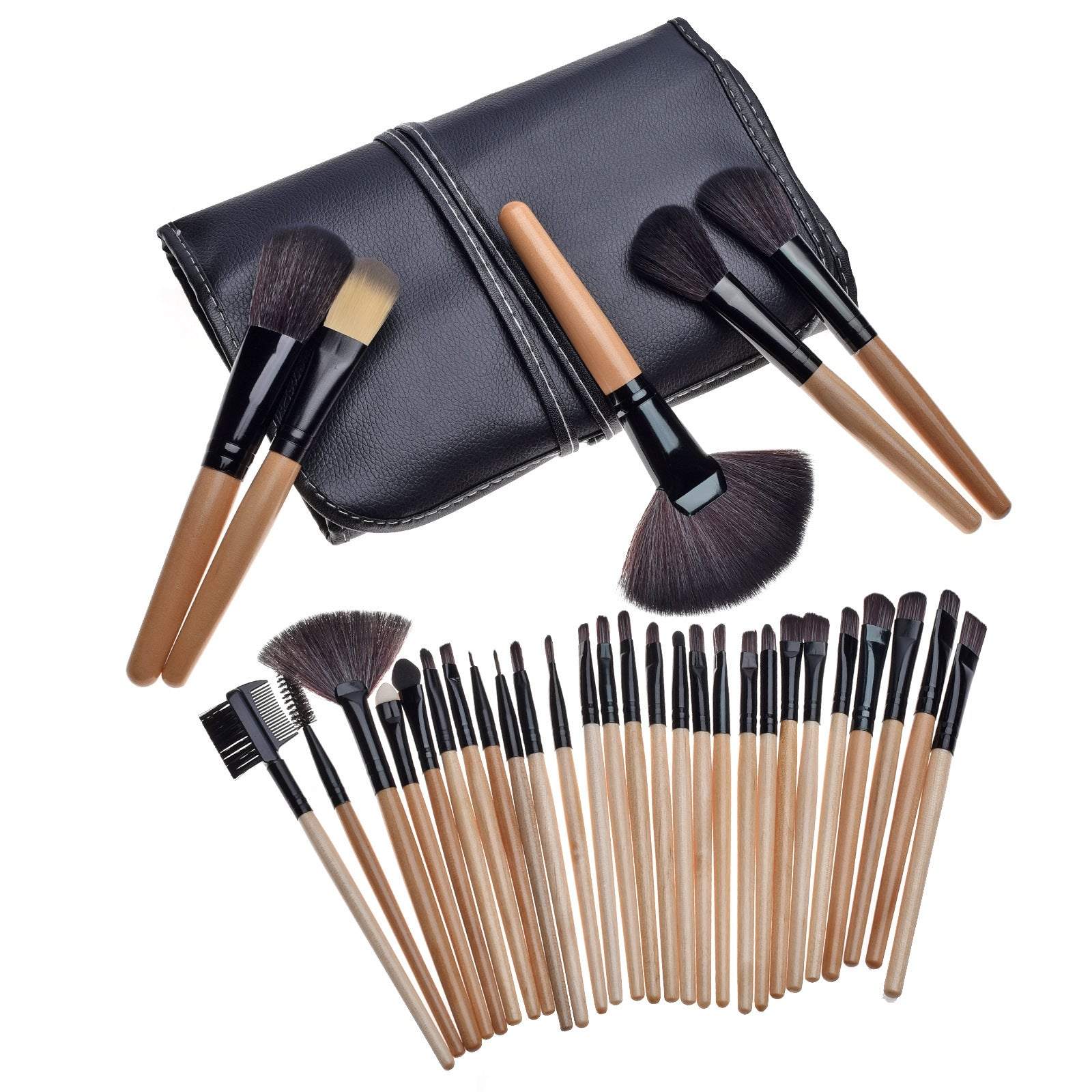 Makeup brush bag with rayon-bristle brushes and long wooden handles