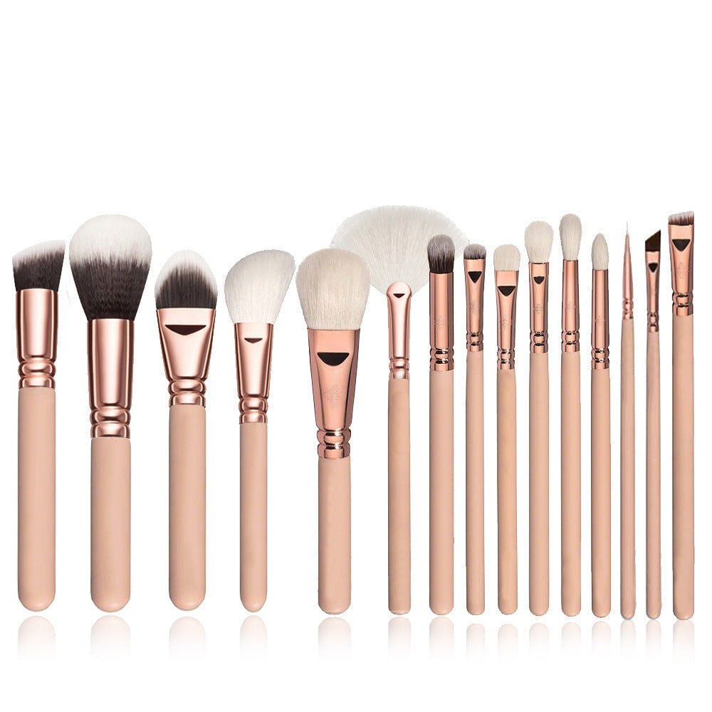 15-piece makeup brush set with nylon bristles and wooden handles in rose gold style