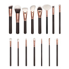 15-piece makeup brush set with nylon bristles and wooden handles in rose gold style