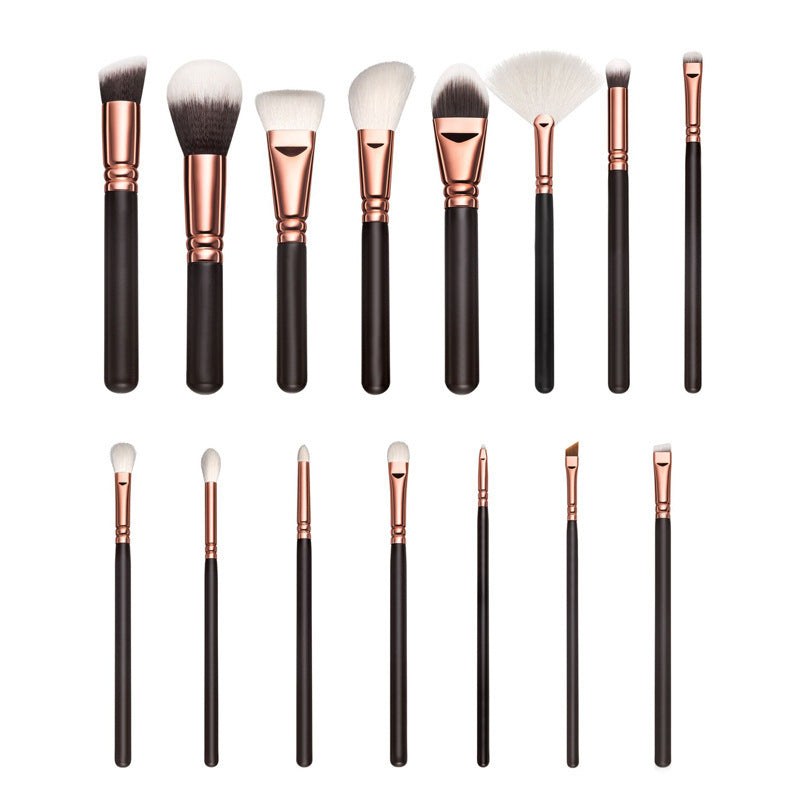 15-piece makeup brush set with nylon bristles and wooden handles in rose gold style