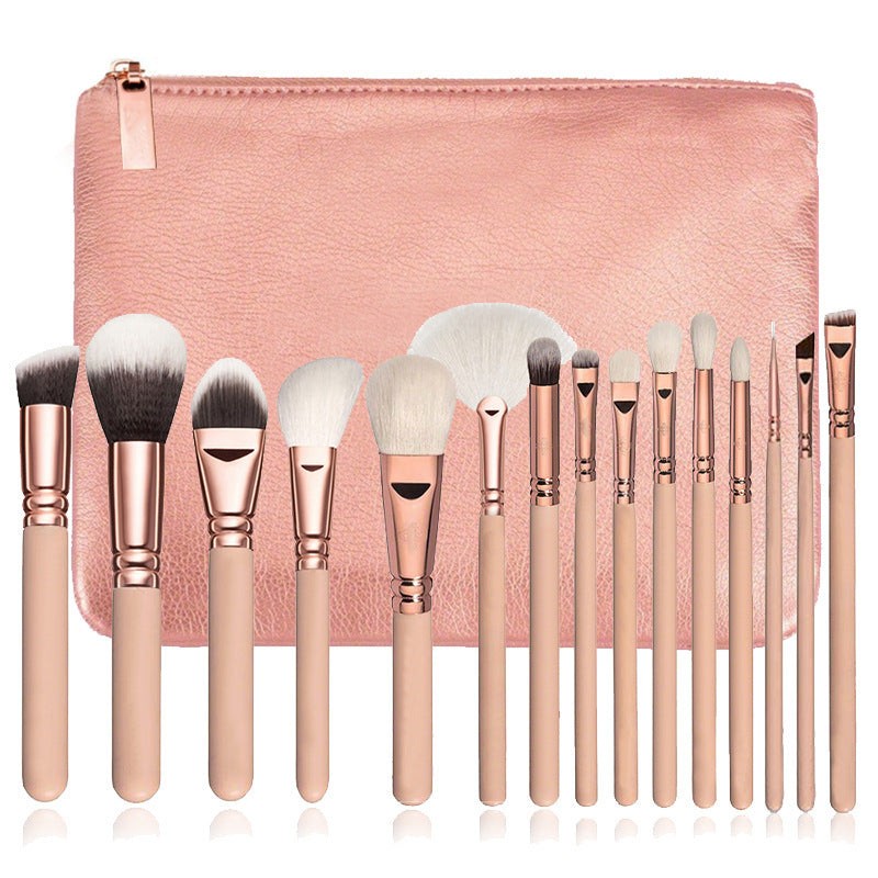 15-piece makeup brush set with nylon bristles and wooden handles in rose gold style