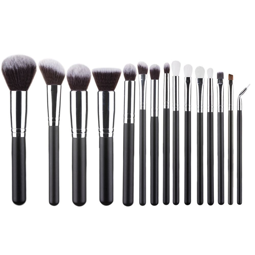 15-piece makeup brush set with nylon bristles and wooden handles in rose gold style