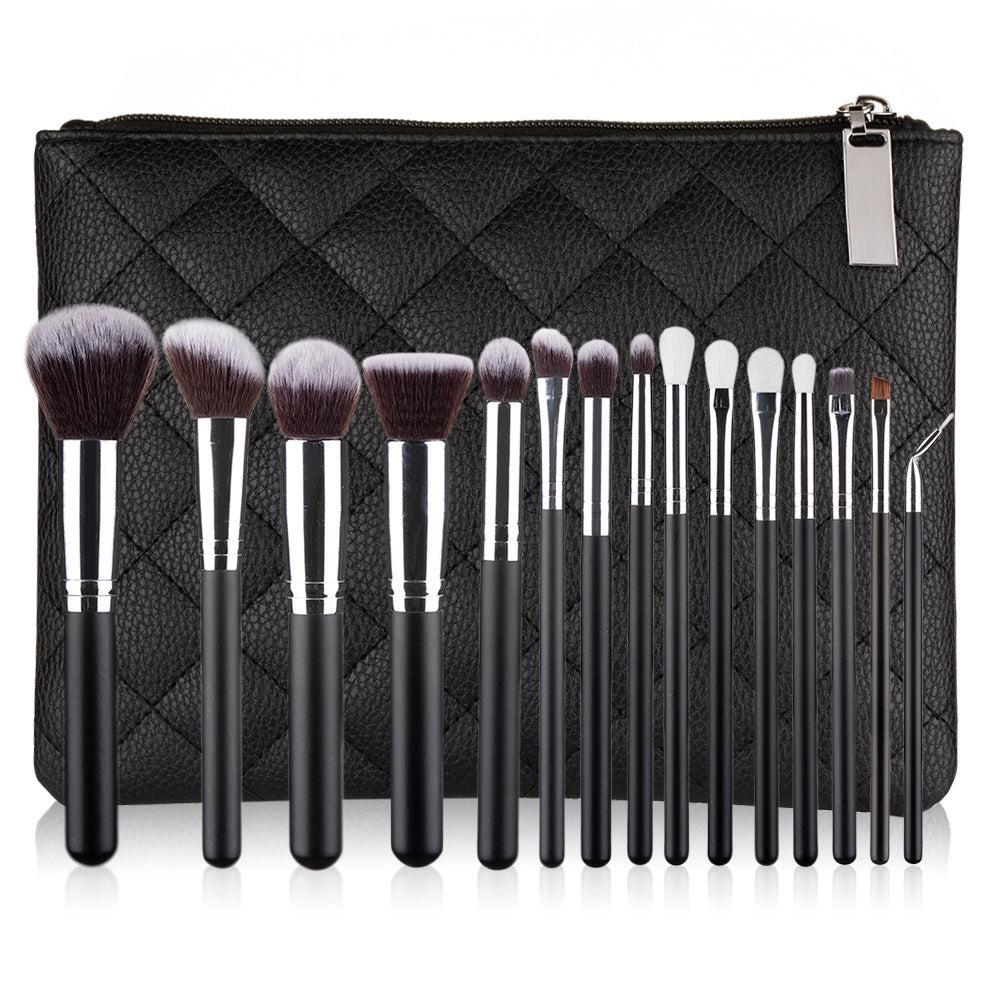 15-piece makeup brush set with nylon bristles and wooden handles in rose gold style