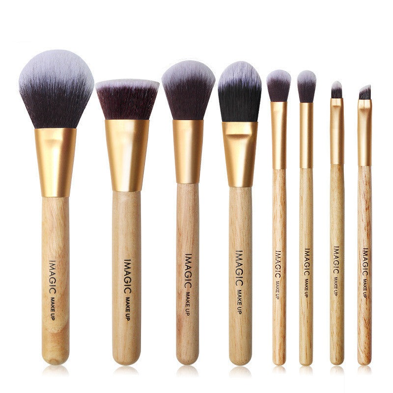 8-piece makeup brush set with soft synthetic fibers and plastic handles