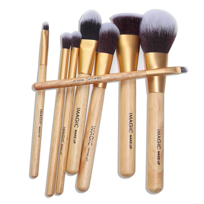 8-piece makeup brush set with soft synthetic fibers and plastic handles