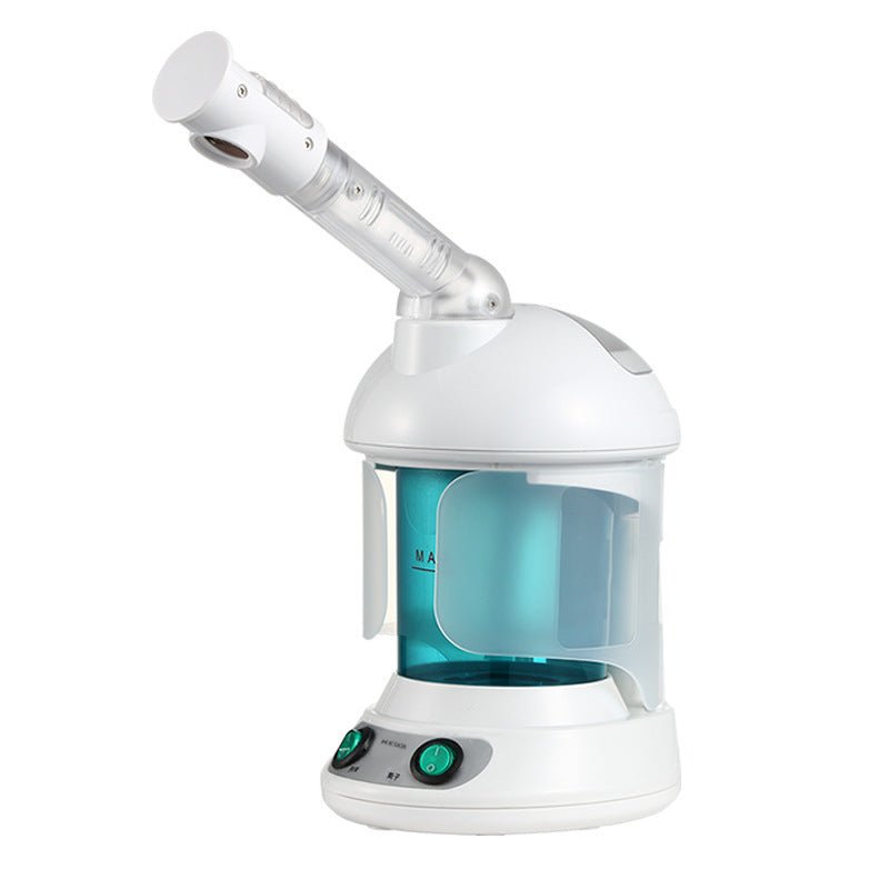 White portable facial steamer with rotating ion spray for home skincare