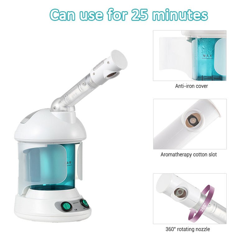 White portable facial steamer with rotating ion spray for home skincare