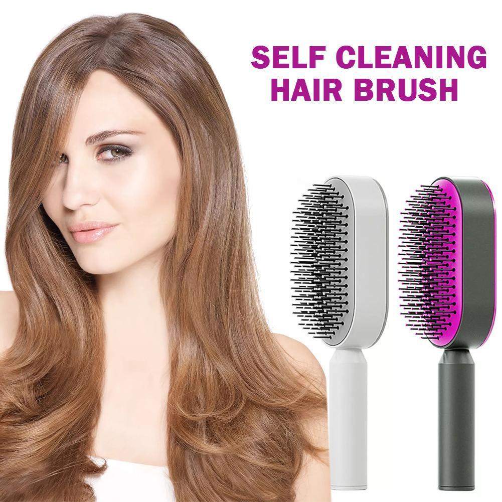 3D self-cleaning hair brush for women with air-cushion base and scalp massage bristles