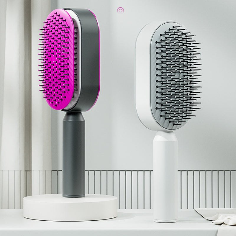 3D self-cleaning hair brush for women with air-cushion base and scalp massage bristles