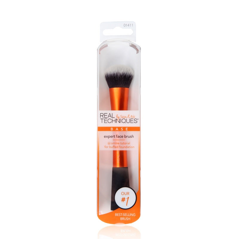 Soft synthetic foundation and powder makeup brush with long handle