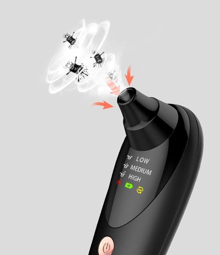 Portable black and white beauty instrument with heat, vibration, and suction