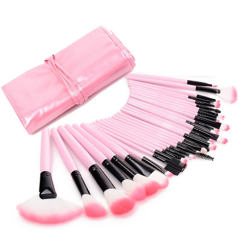 Makeup brush bag with rayon-bristle brushes and long wooden handles