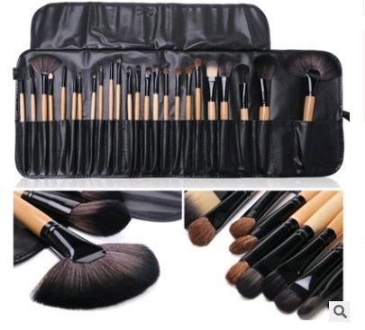 24-piece makeup brush set with animal hair and nylon bristles in wooden or black handles with PU bag