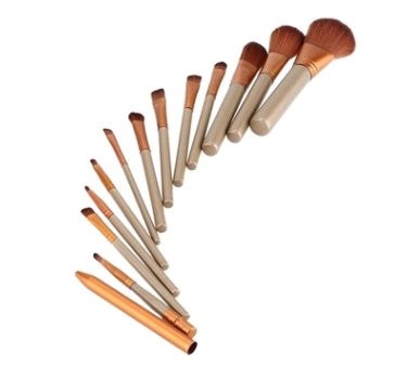 12-piece makeup brush set with wooden handles stored in an iron box