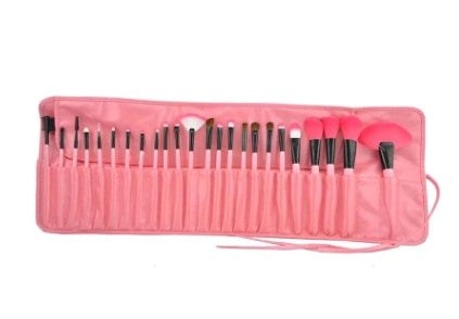 24-piece makeup brush set with animal hair and nylon bristles in wooden or black handles with PU bag