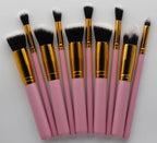 10-piece makeup brush set with rayon bristles and wooden handles