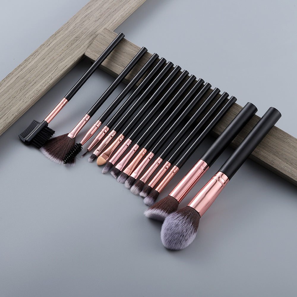 15-piece marbled makeup brush set with bamboo handles and soft synthetic bristles