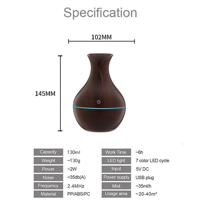 Vase-shaped portable humidifier with 130ml tank and quiet mist output