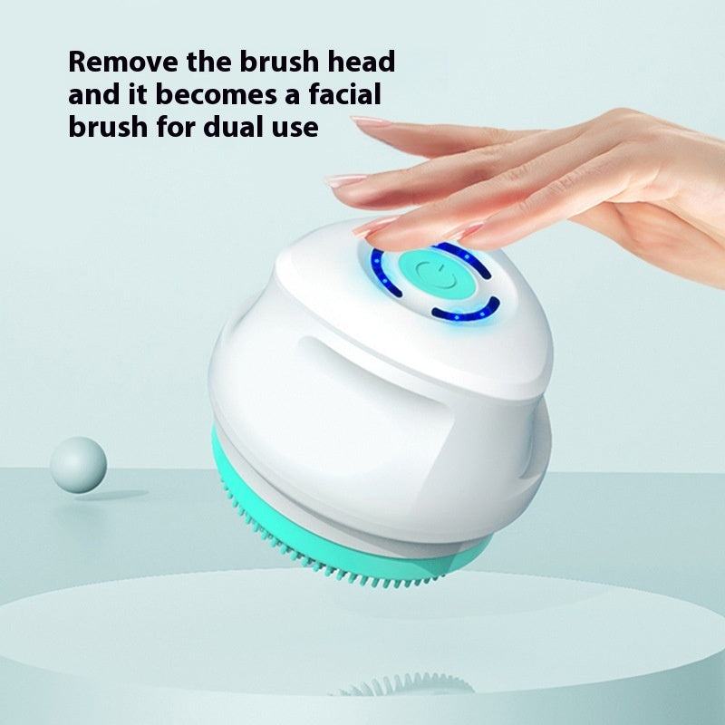 Electric rotating bath brush cleaner with massage head in white, purple, and green