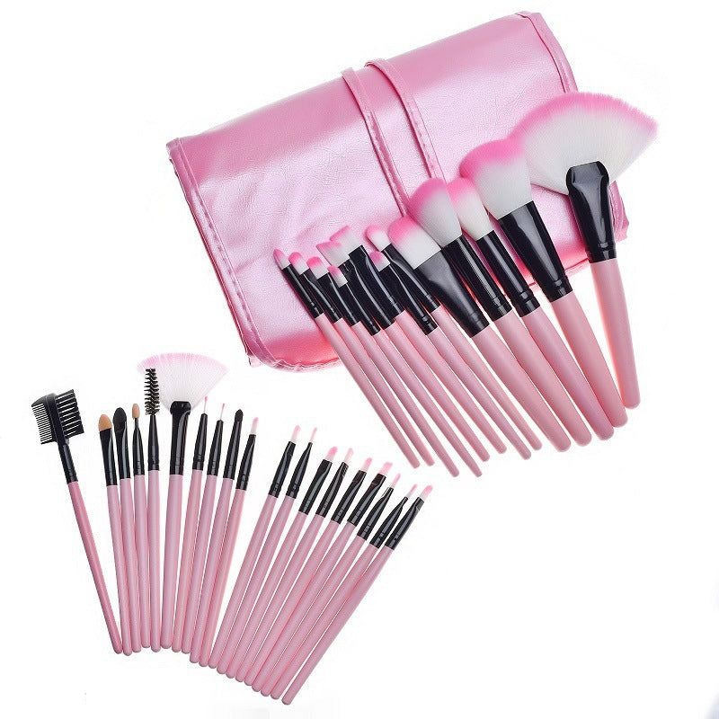 Makeup brush bag with rayon-bristle brushes and long wooden handles