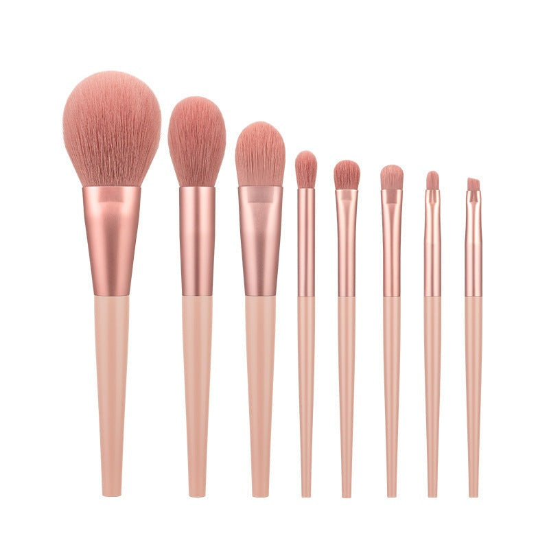 8-piece makeup brush set with soft synthetic bristles and portable plastic handles