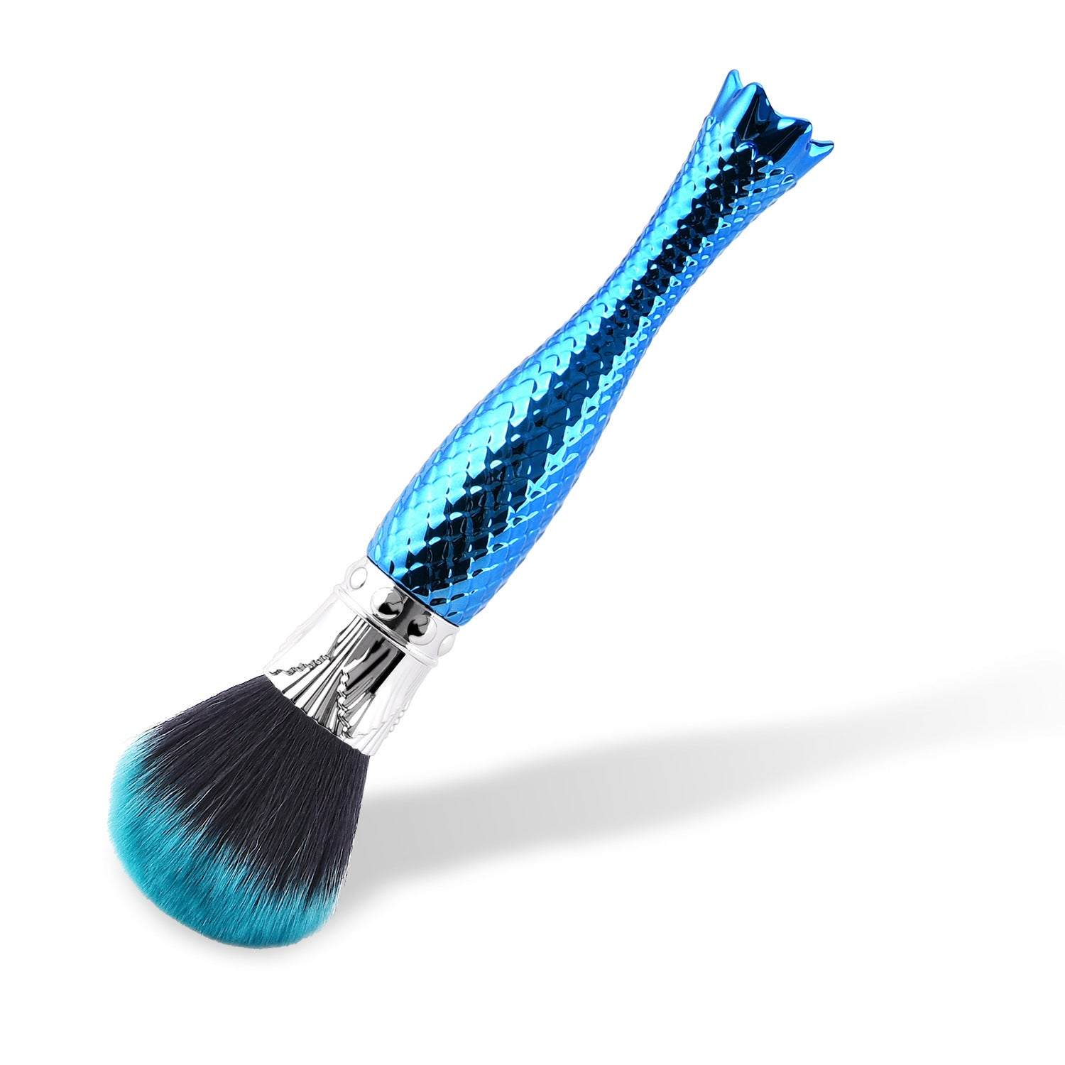 Blue single makeup brush with nylon bristles and a portable plastic handle