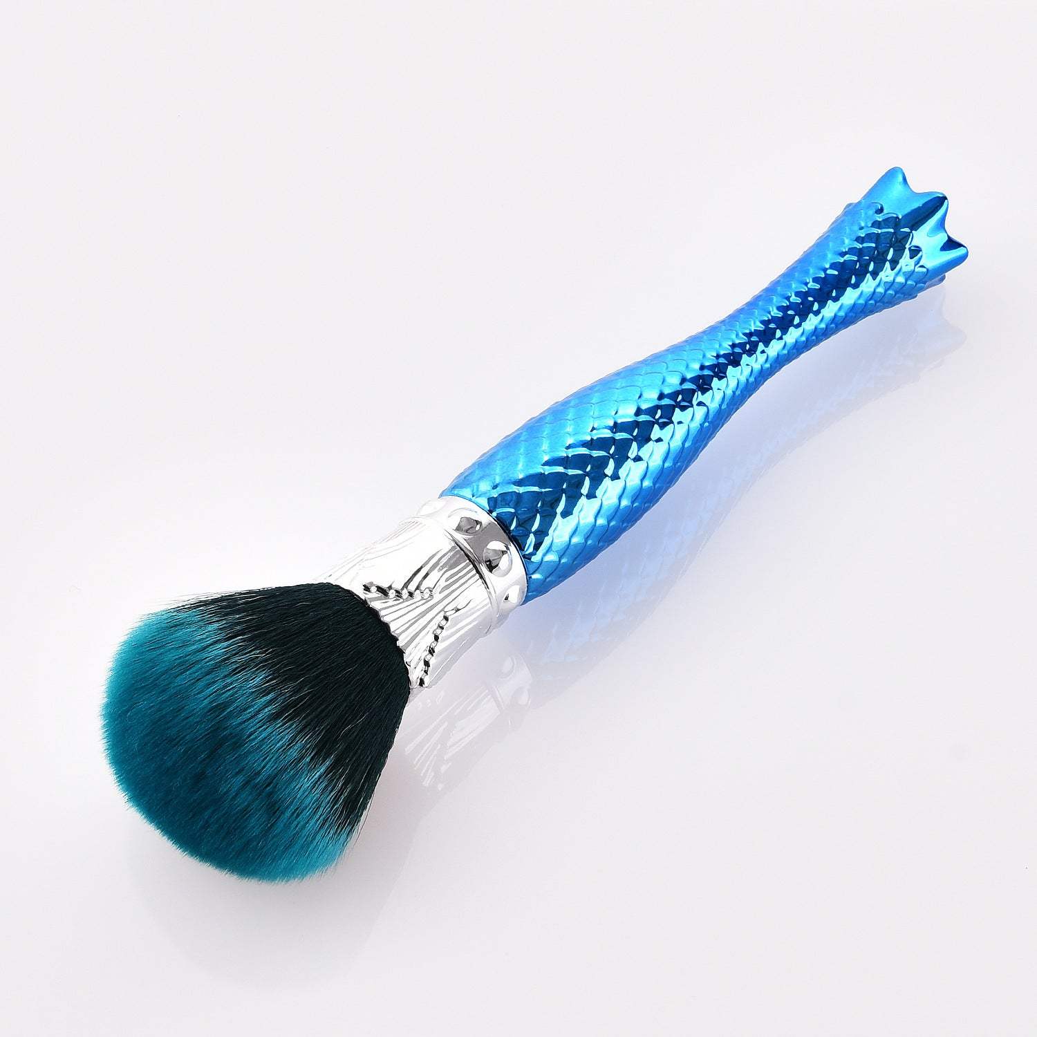 Blue single makeup brush with nylon bristles and a portable plastic handle