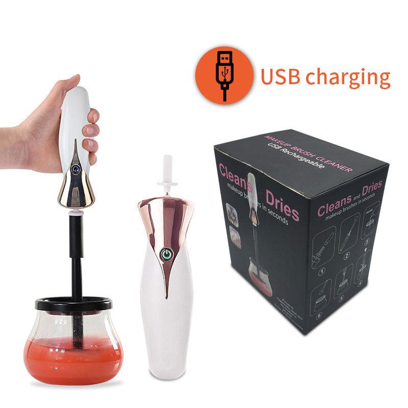 USB electric makeup brush cleaner in black and white with silicone sleeves