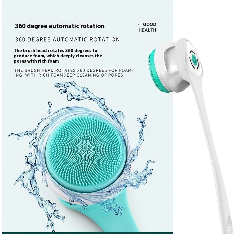 Electric rotating bath brush cleaner with massage head in white, purple, and green