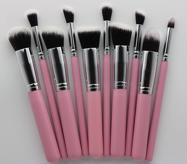 10-piece makeup brush set with rayon bristles and wooden handles