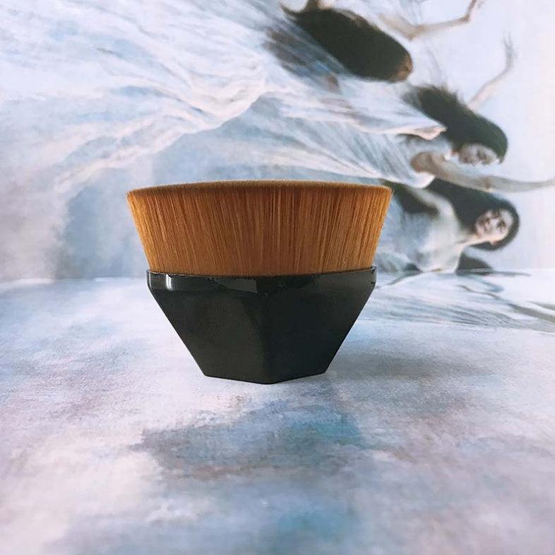 Flat foundation and loose powder makeup brush with soft synthetic bristles