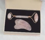 Green and pink jade facial massage roller made from natural stone