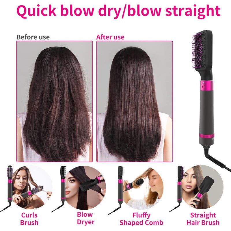 5-in-1 hair dryer styling brush with interchangeable curling and straightening heads