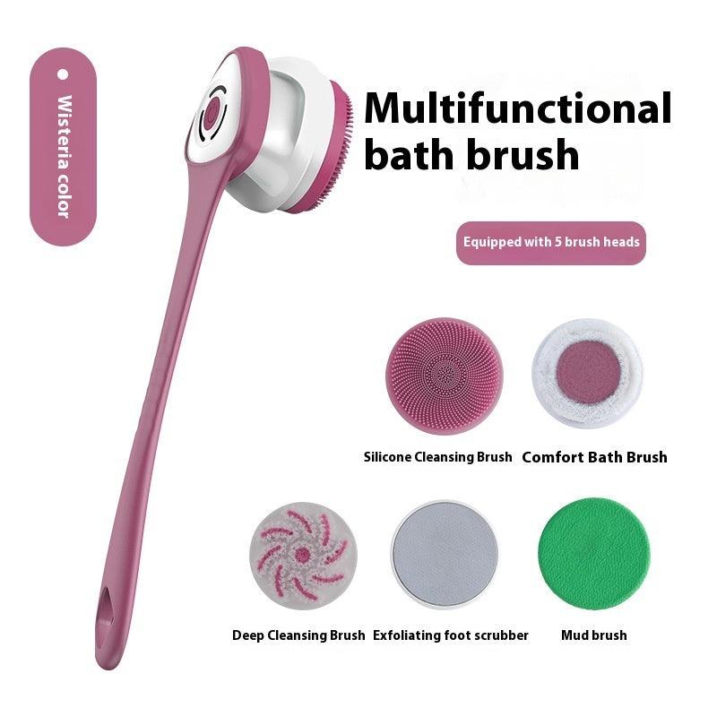 Electric rotating bath brush cleaner with massage head in white, purple, and green