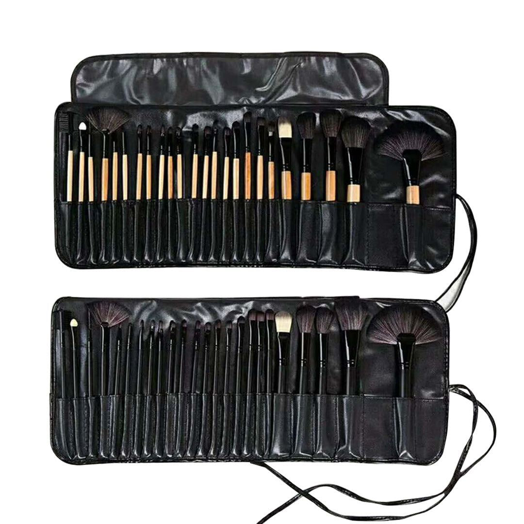 24-piece makeup brush set with animal hair and nylon bristles in wooden or black handles with PU bag