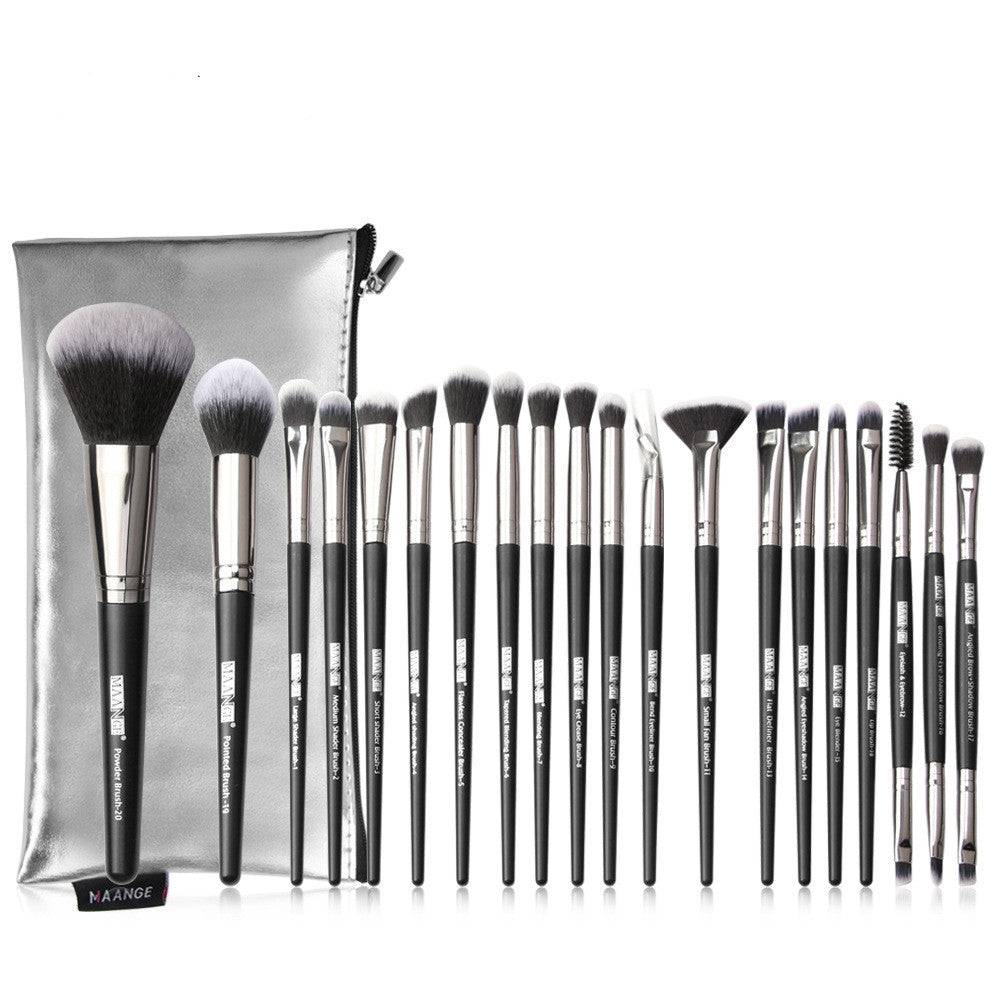 20-piece makeup brush set with soft nylon bristles and PU brush bag