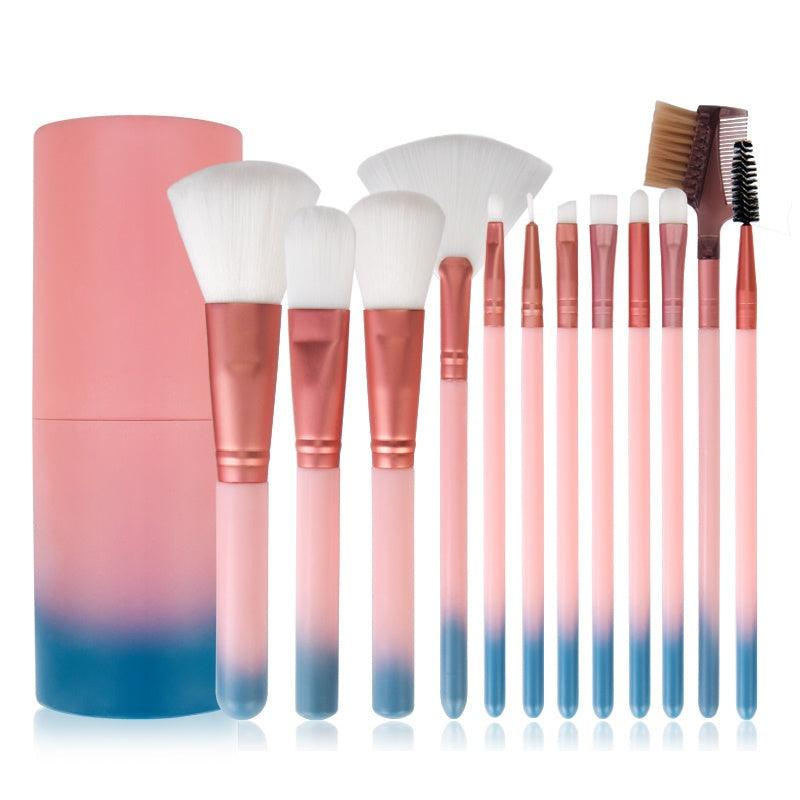 12-piece makeup brush set with soft nylon bristles and plastic handles