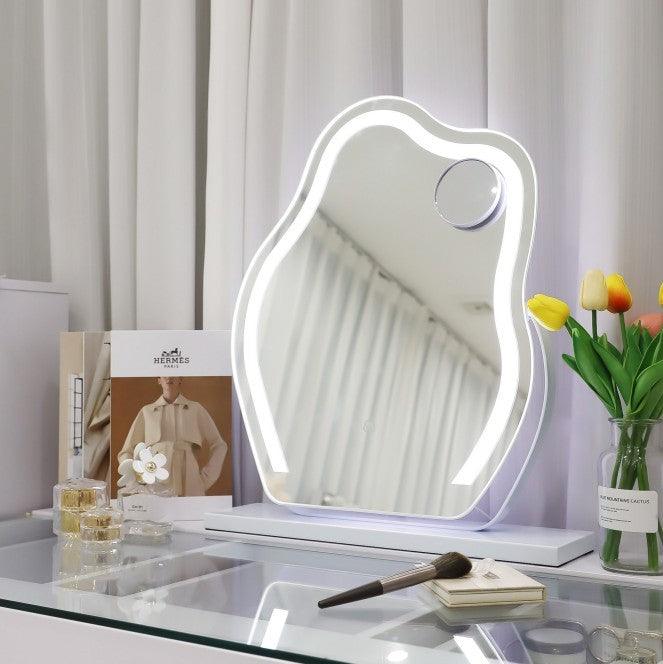 LED vanity makeup mirror with adjustable lights, wall mount, and 10X magnifying mirror
