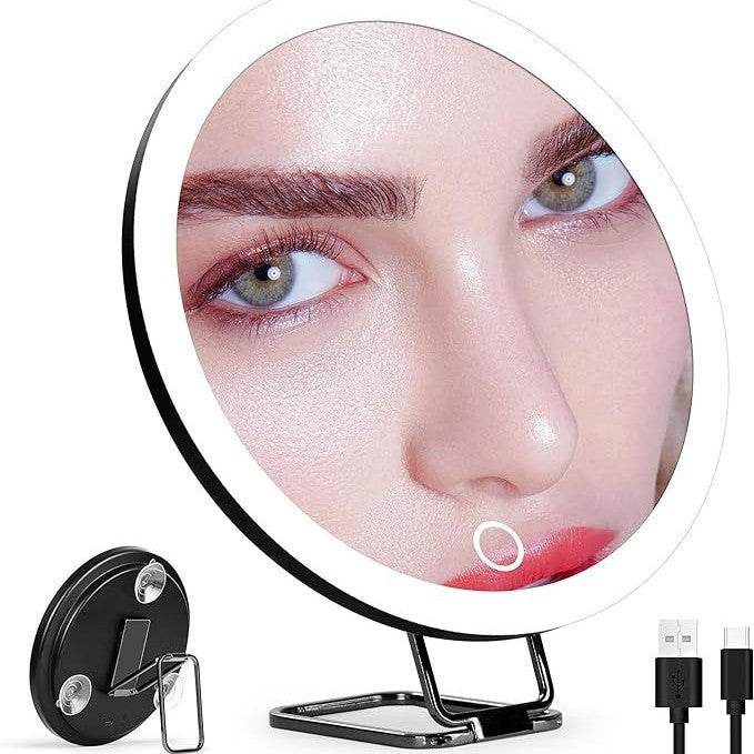 USB rechargeable LED makeup mirror with rotating stand, tweezers, and scissors