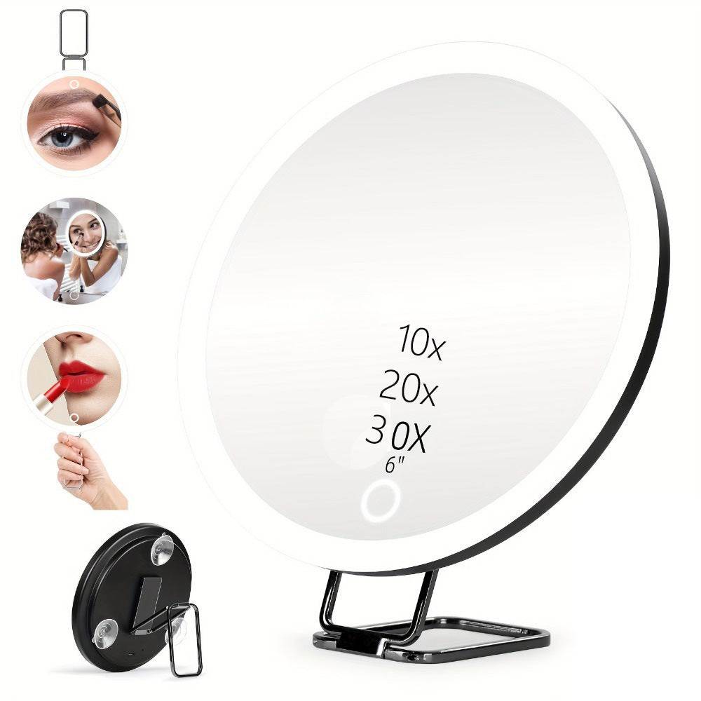 USB rechargeable LED makeup mirror with rotating stand, tweezers, and scissors