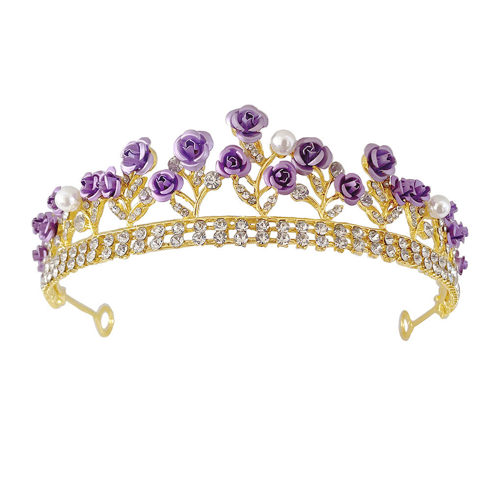 Purple rose-style crystal crown for women made with alloy and white crystals