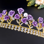 Purple rose-style crystal crown for women made with alloy and white crystals