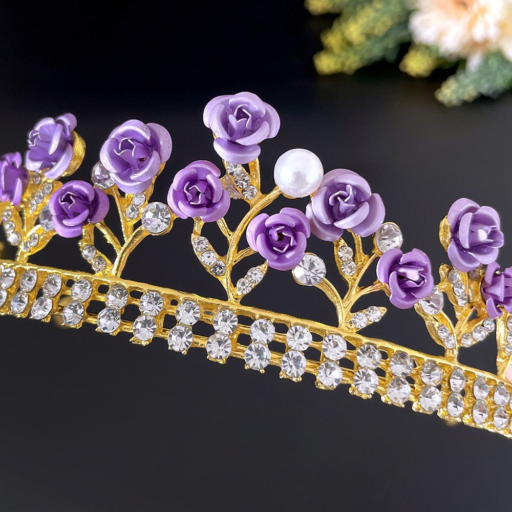 Purple rose-style crystal crown for women made with alloy and white crystals